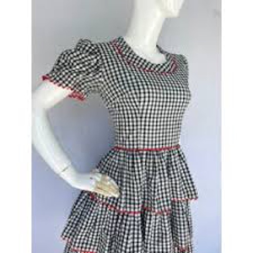 VTG Tier Skirted Black And White Gingham Dress - Picture 4 of 7
